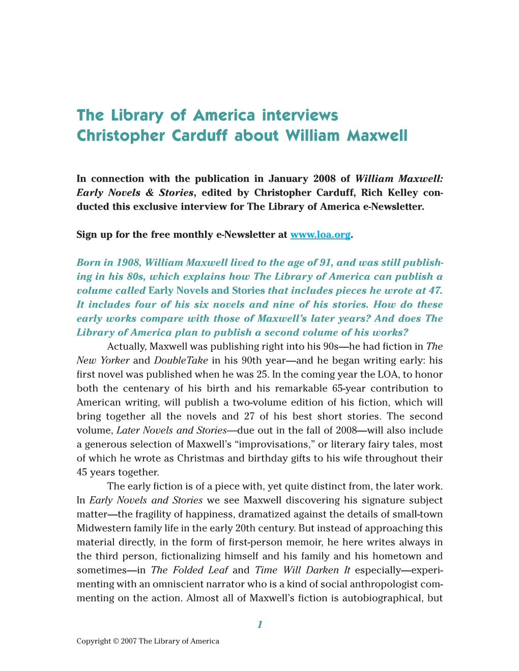 The Library of America Interviews Christopher Carduff About William Maxwell