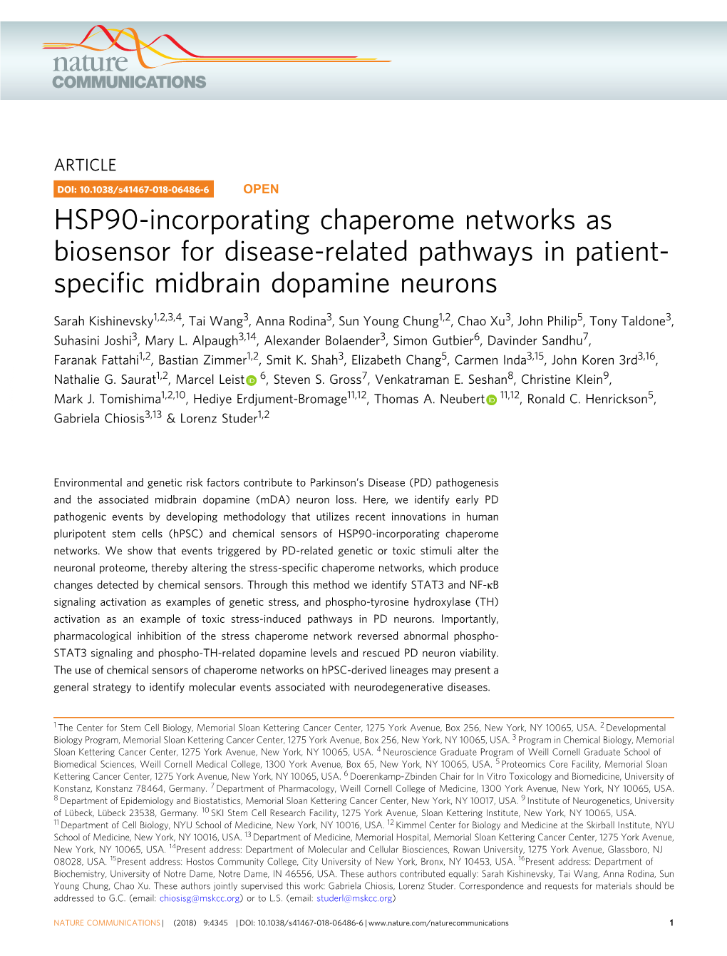 HSP90-Incorporating Chaperome Networks As Biosensor for Disease-Related Pathways in Patient- Speciﬁc Midbrain Dopamine Neurons