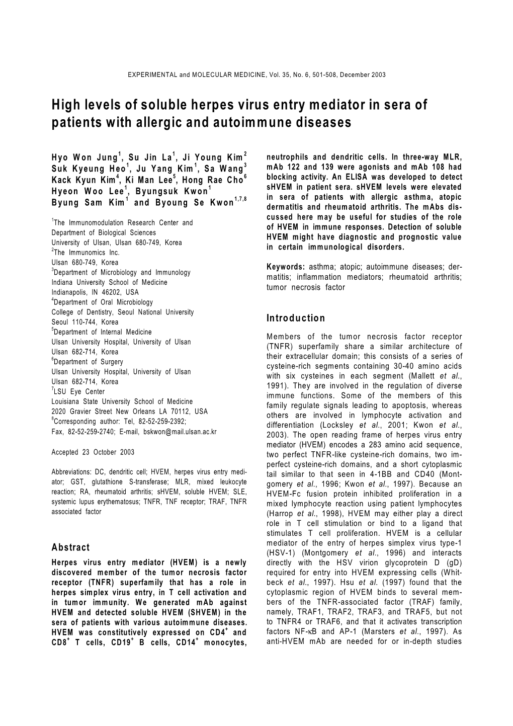 High Levels of Soluble Herpes Virus Entry Mediator in Sera of Patients with Allergic and Autoimmune Diseases