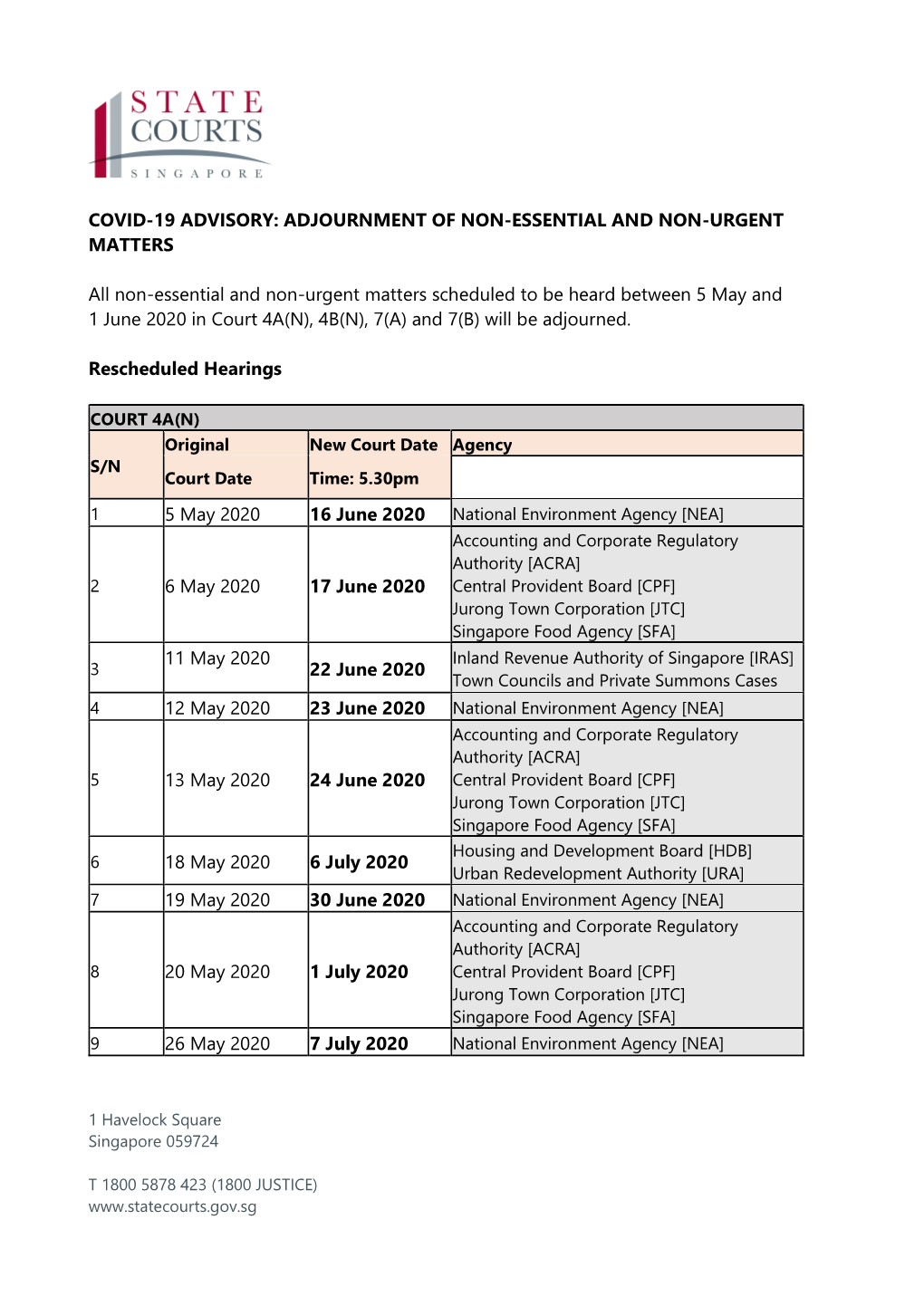 Covid-19 Advisory: Adjournment of Non-Essential and Non-Urgent Matters