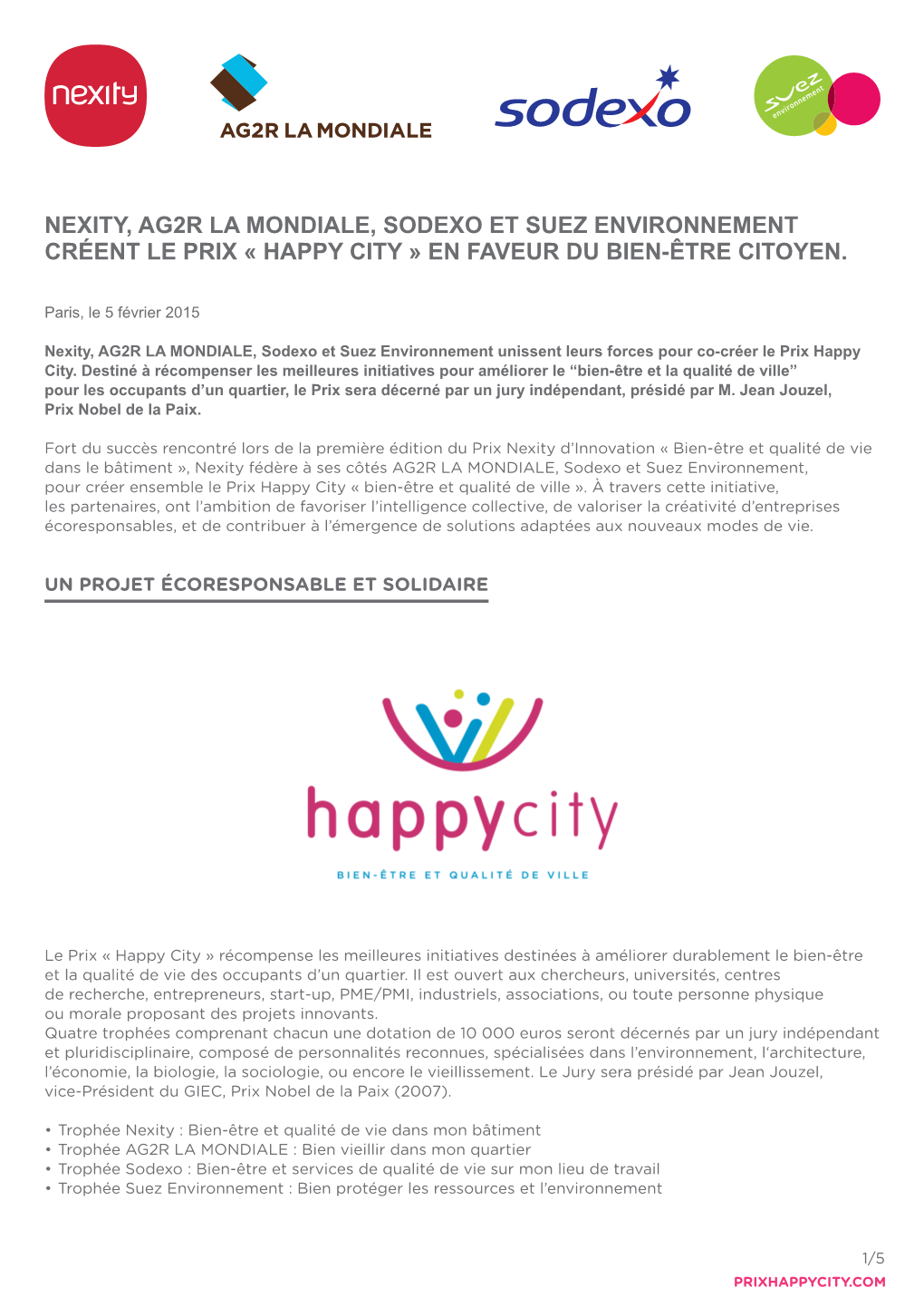 Nexity, Ag2r La Mondiale, Sodexo Et Suez Environnement Créent Le Prix « Happy City » En Faveur Du Bien-Être Citoyen
