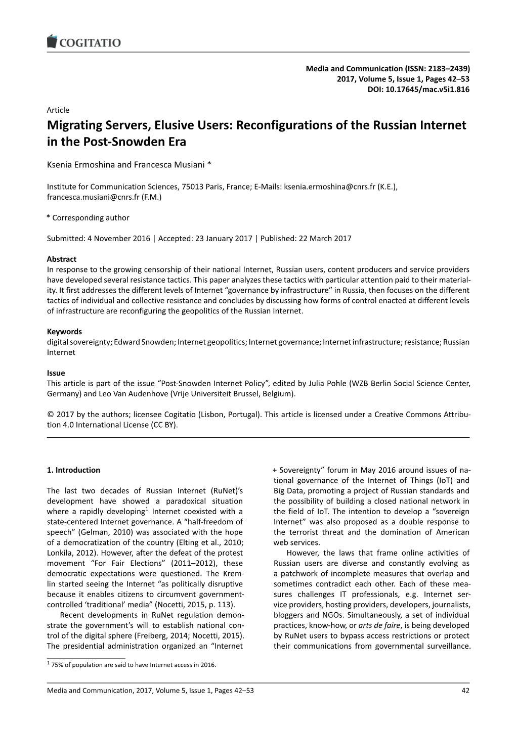 Reconfigurations of the Russian Internet in the Post-Snowden Era