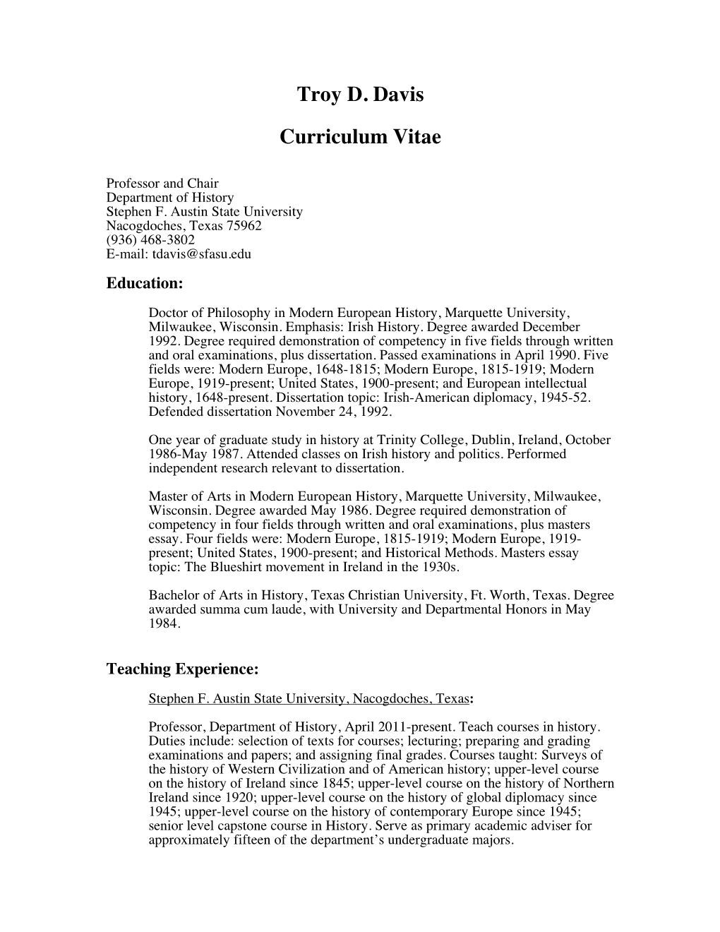 Troy D. Davis Curriculum Vitae