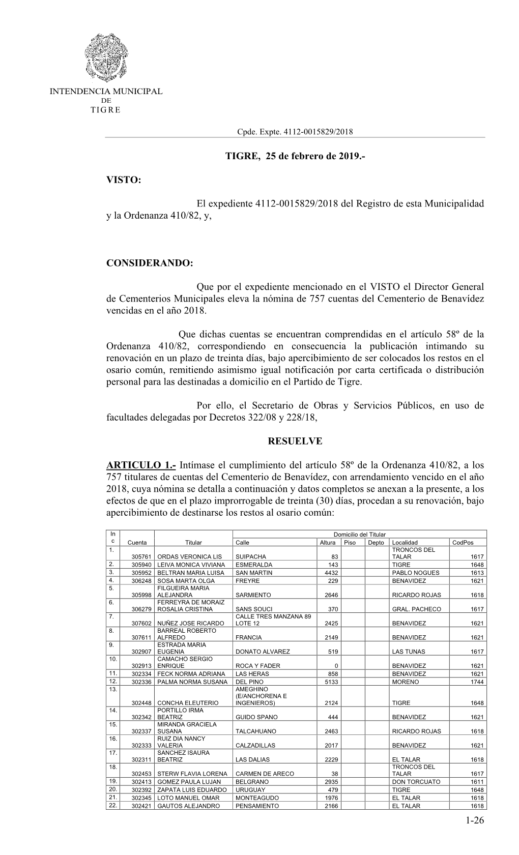 1-26 TIGRE, 25 De Febrero De 2019.- VISTO: El Expediente 4112-0015829/2018 Del Registro De Esta Municipalidad Y La Ordenanza 4