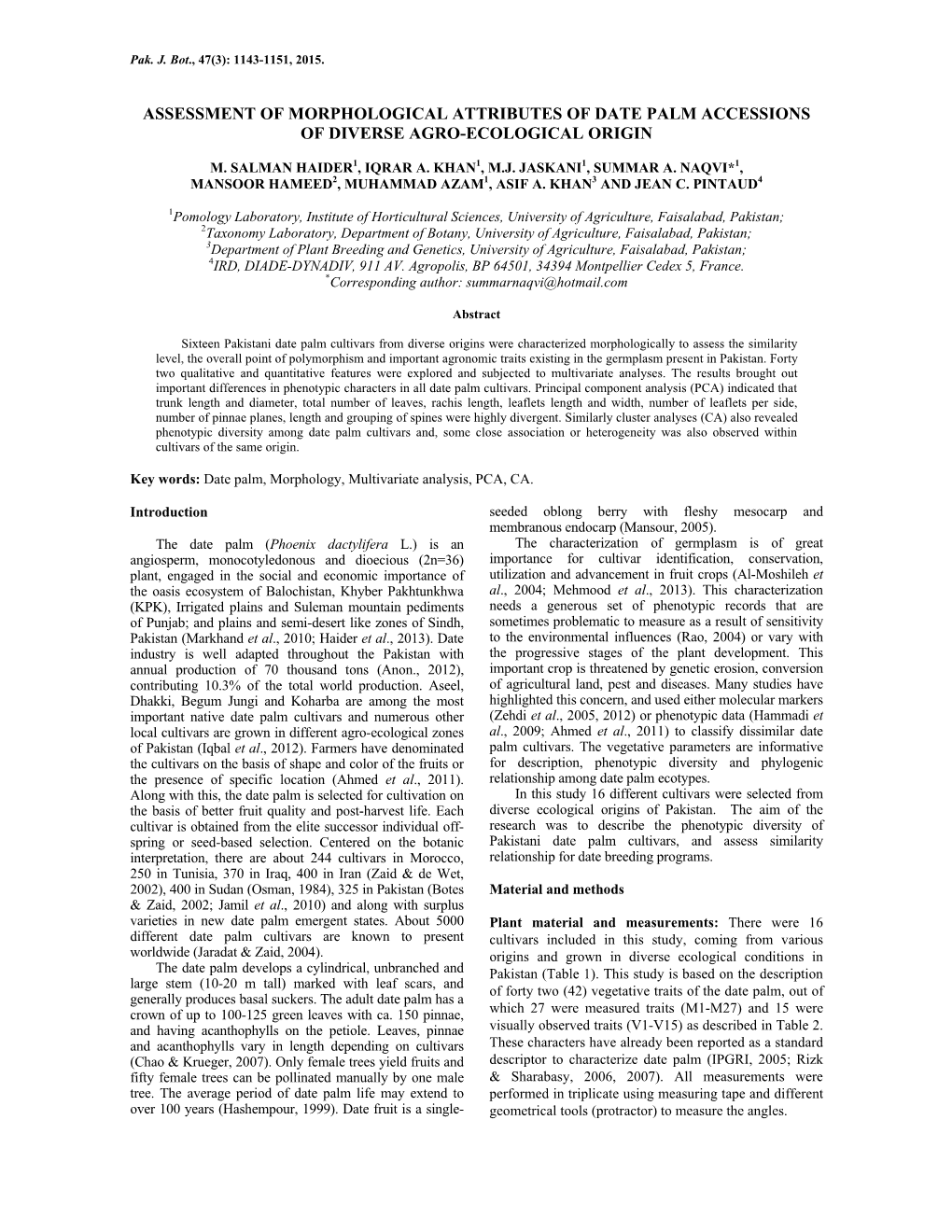 Assessment of Morphological Attributes of Date Palm Accessions of Diverse Agro-Ecological Origin