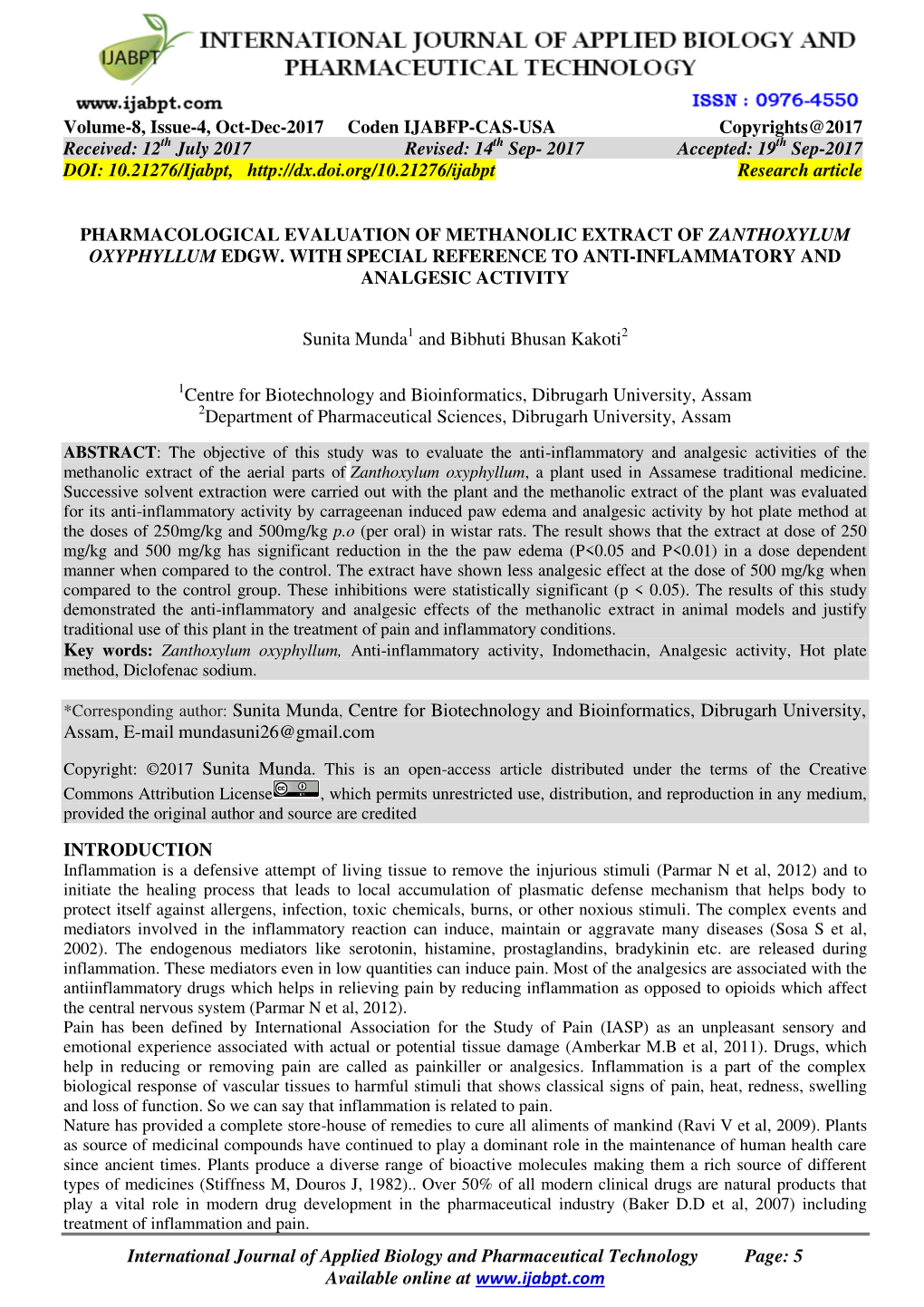 Pharmacological Evaluation of Methanolic Extract of Zanthoxylum Oxyphyllum Edgw