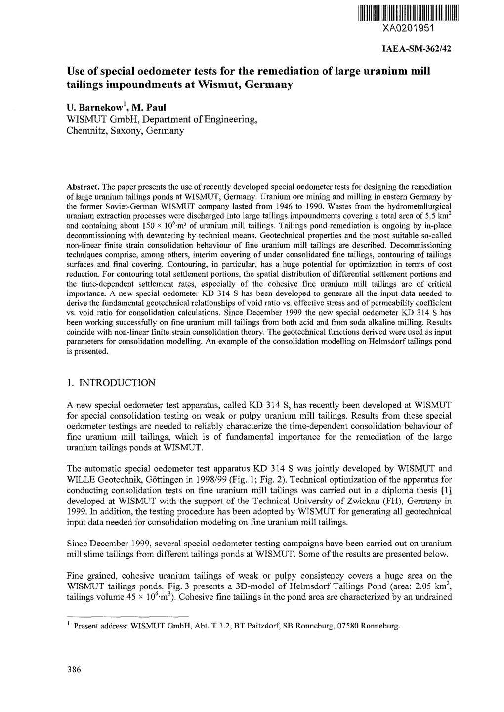 Use of Special Oedometer Tests for the Remediation of Large Uranium Mill Tailings Impoundments at Wismut, Germany