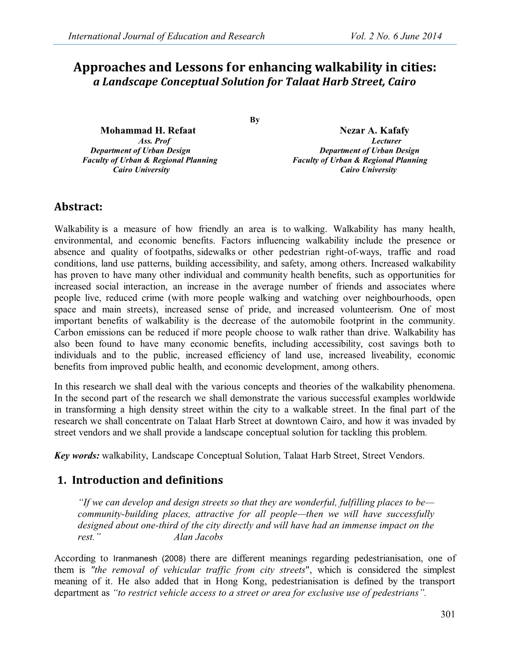 Approaches and Lessons for Enhancing Walkability in Cities: a Landscape Conceptual Solution for Talaat Harb Street, Cairo