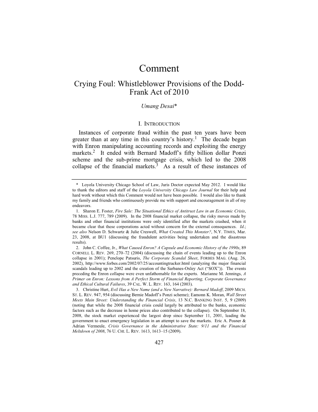 Crying Foul: Whistleblower Provisions of the Dodd-Frank Act of 2010