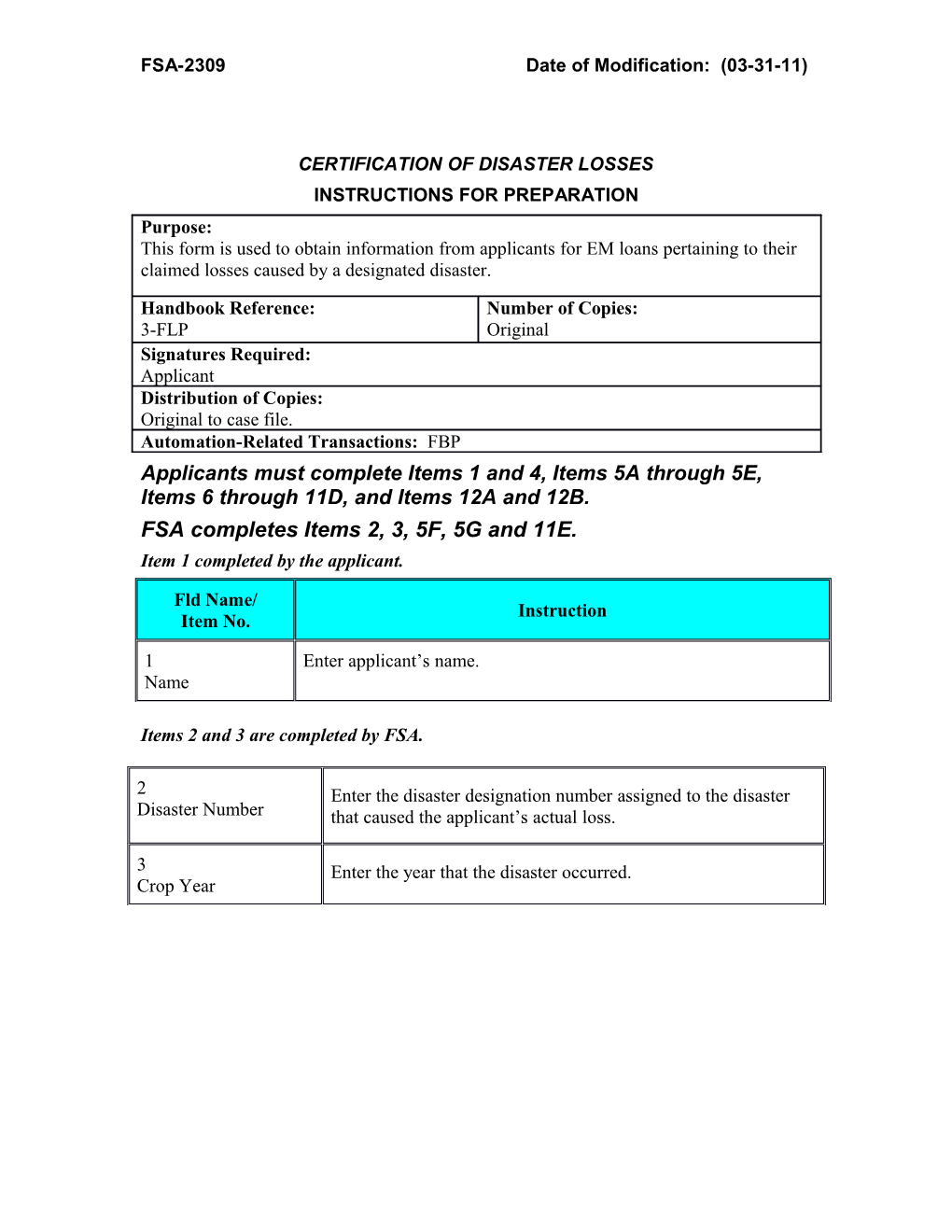 Instructions for FSA-2309