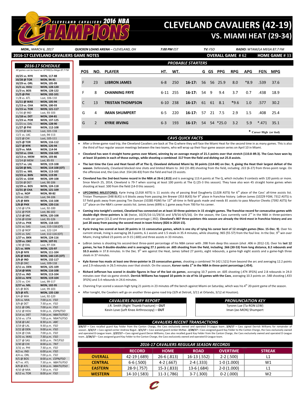 Cleveland Cavaliers (42-19) Vs