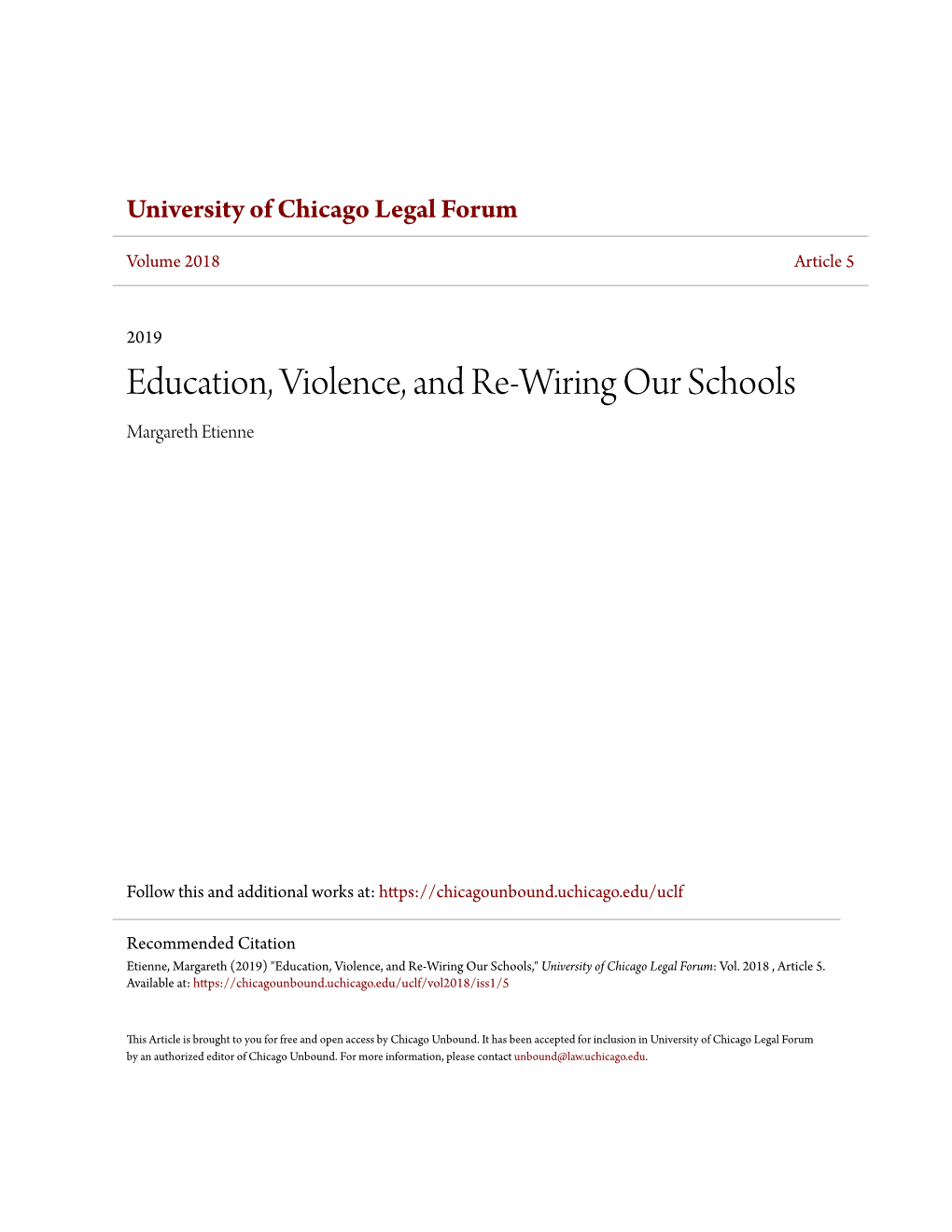 Education, Violence, and Re-Wiring Our Schools Margareth Etienne