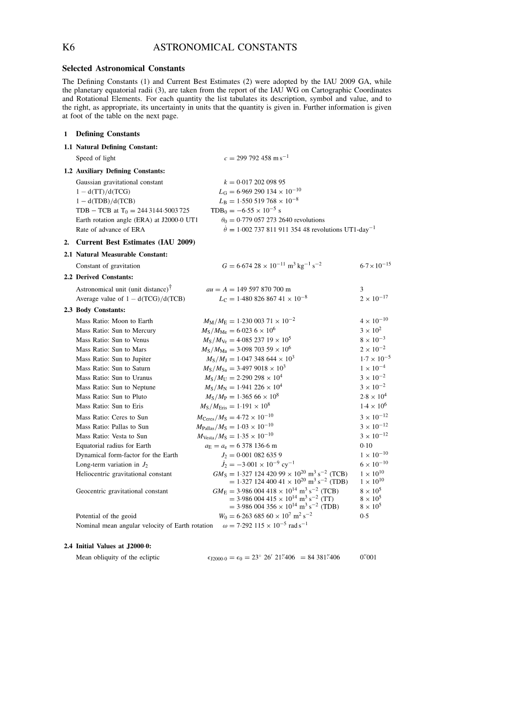 Appendix K. Astronomical Constants