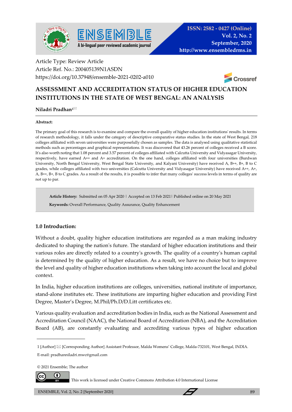 Assessment and Accreditation Status of Higher Education Institutions in the State of West Bengal: an Analysis