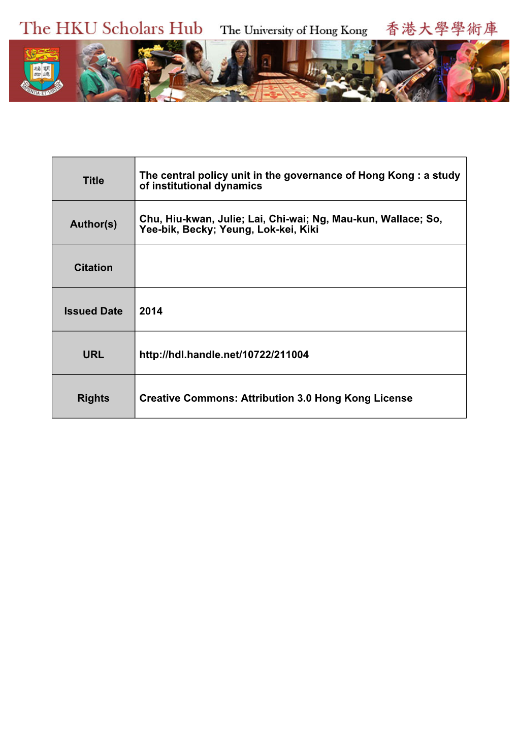 Title the Central Policy Unit in the Governance of Hong Kong