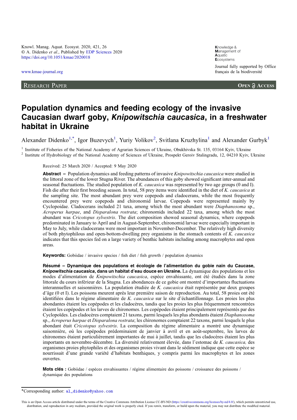 Population Dynamics and Feeding Ecology of the Invasive Caucasian Dwarf Goby, Knipowitschia Caucasica, in a Freshwater Habitat in Ukraine