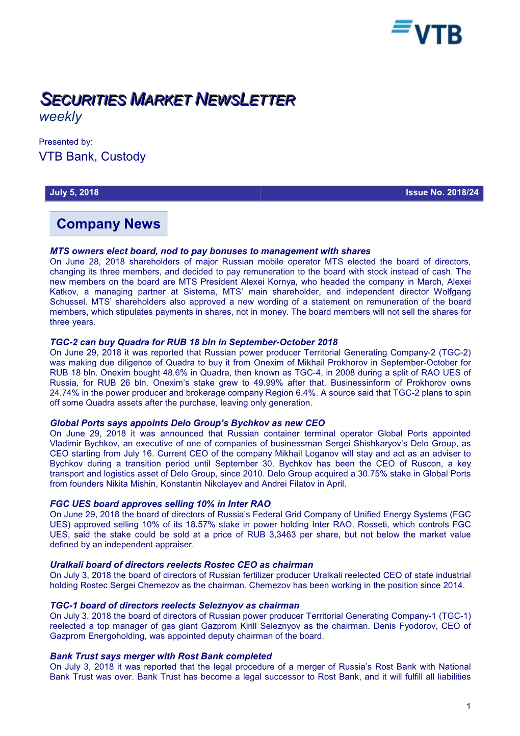 Company News SECURITIES MARKET NEWS