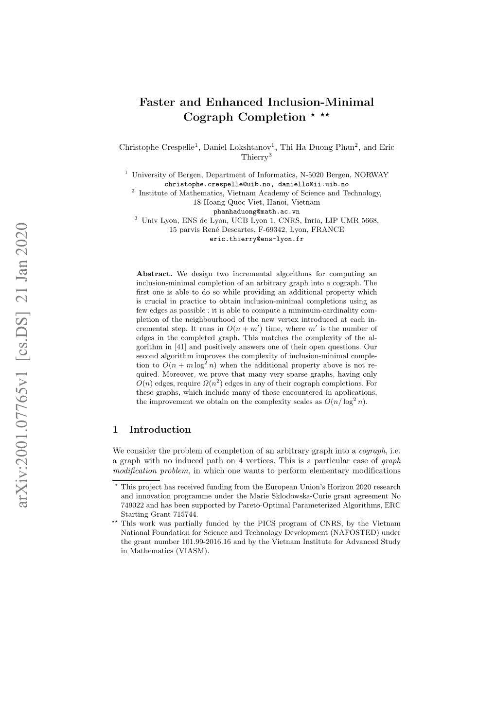 Arxiv:2001.07765V1 [Cs.DS] 21 Jan 2020 749022 and Has Been Supported by Pareto-Optimal Parameterized Algorithms, ERC Starting Grant 715744