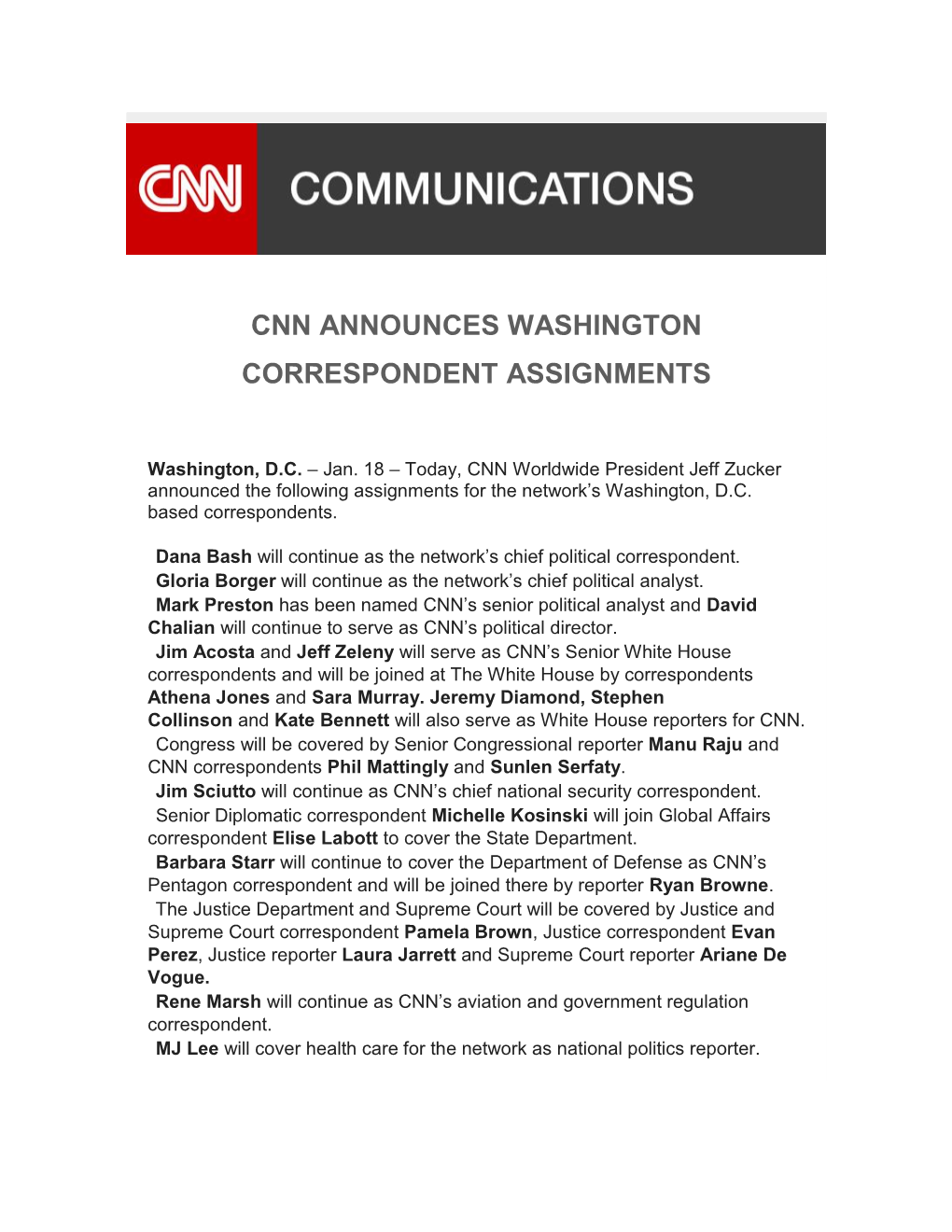 Cnn Announces Washington Correspondent Assignments