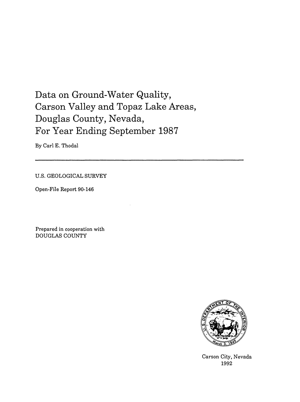 Data on Ground-Water Quality, Carson Valley and Topaz Lake Areas, Douglas County, Nevada, for Year Ending September 1987