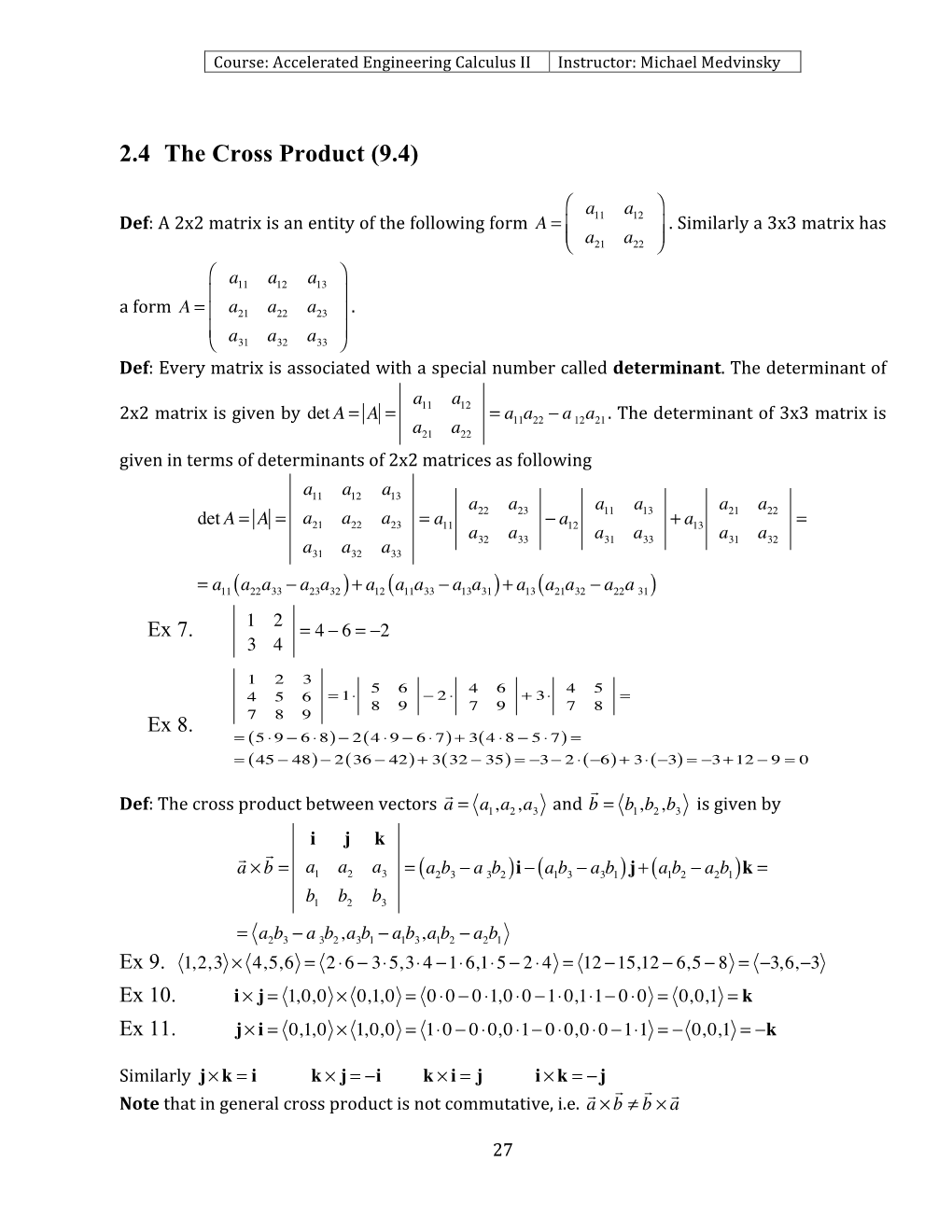 2.4 the Cross Product (9.4)