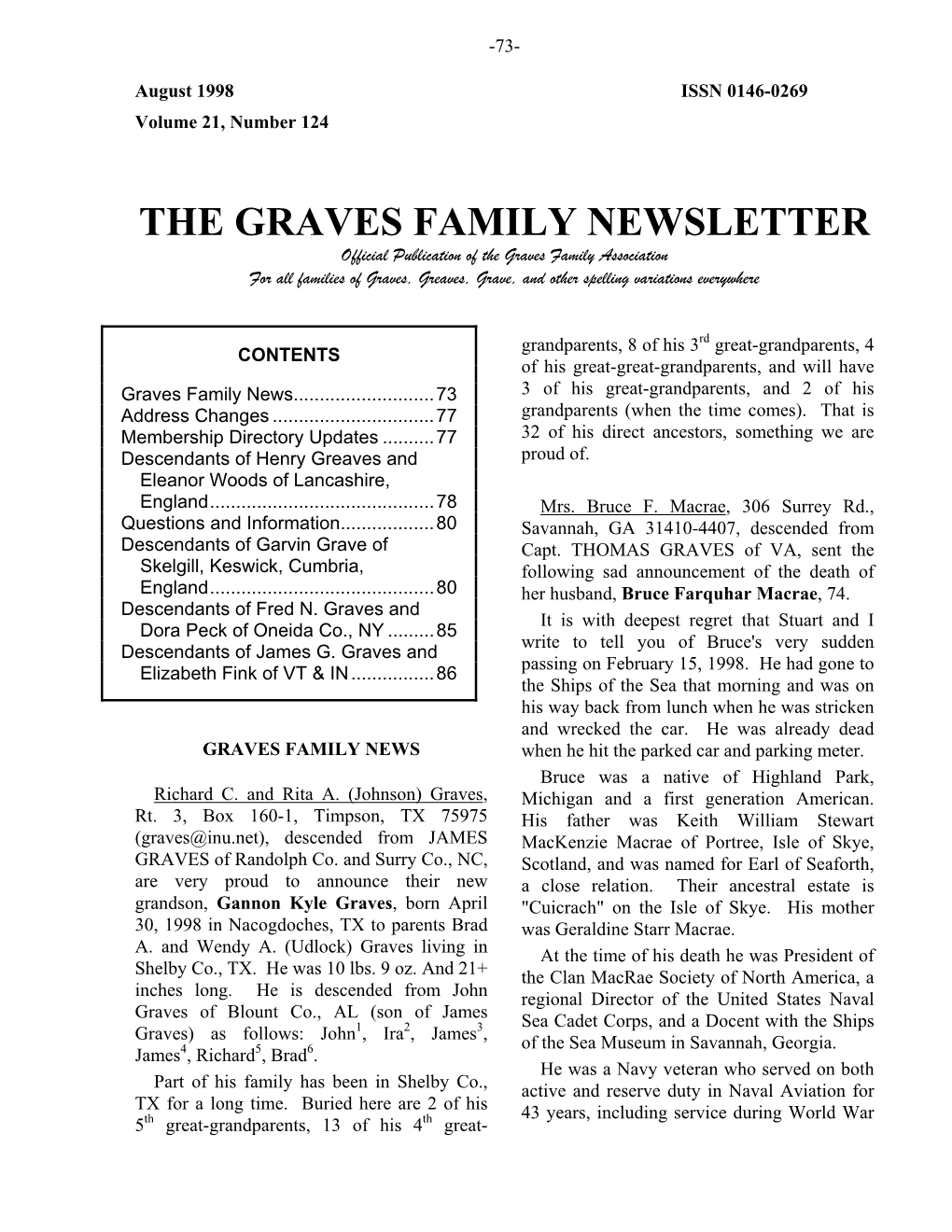 Graves Family Newsletter, Aug. 1997