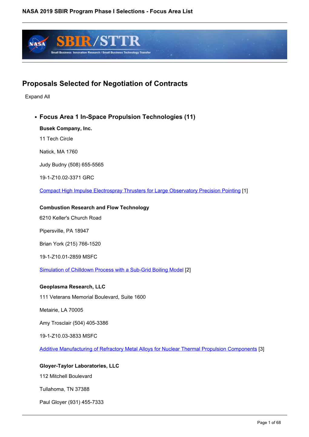 NASA 2019 SBIR Program Phase I Selections - Focus Area List