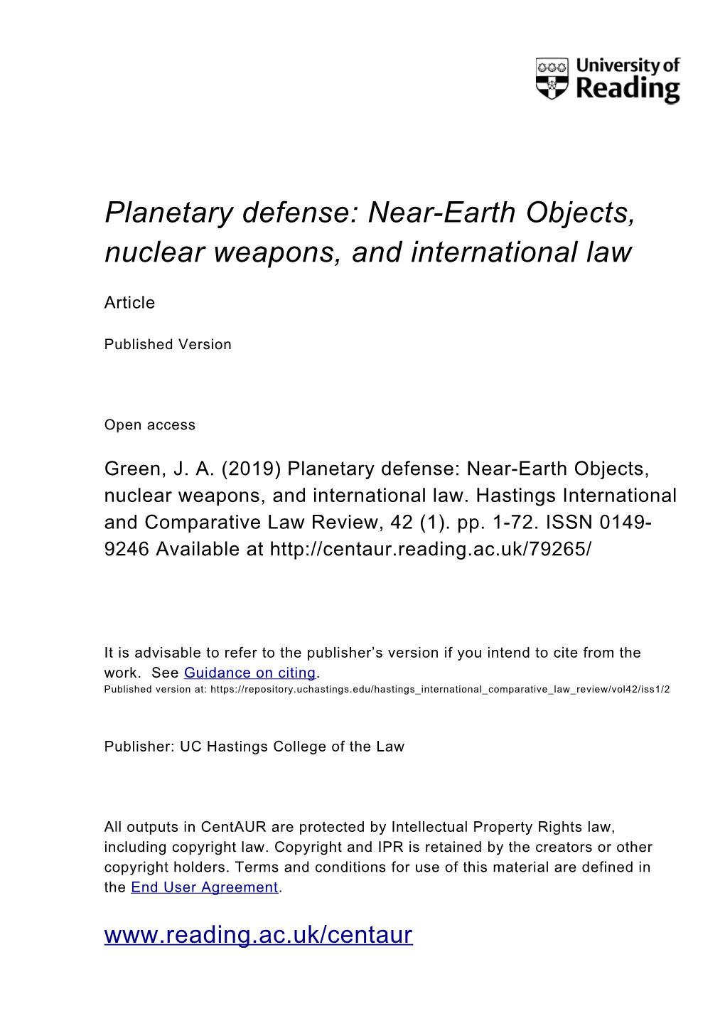 Near-Earth Objects, Nuclear Weapons, and International Law