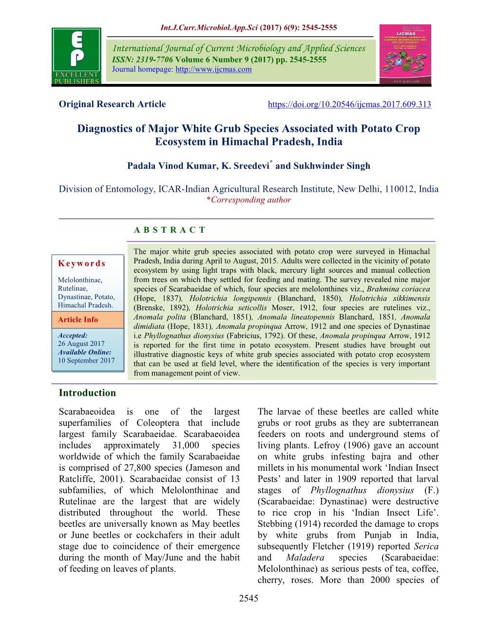 Diagnostics of Major White Grub Species Associated with Potato Crop Ecosystem in Himachal Pradesh, India