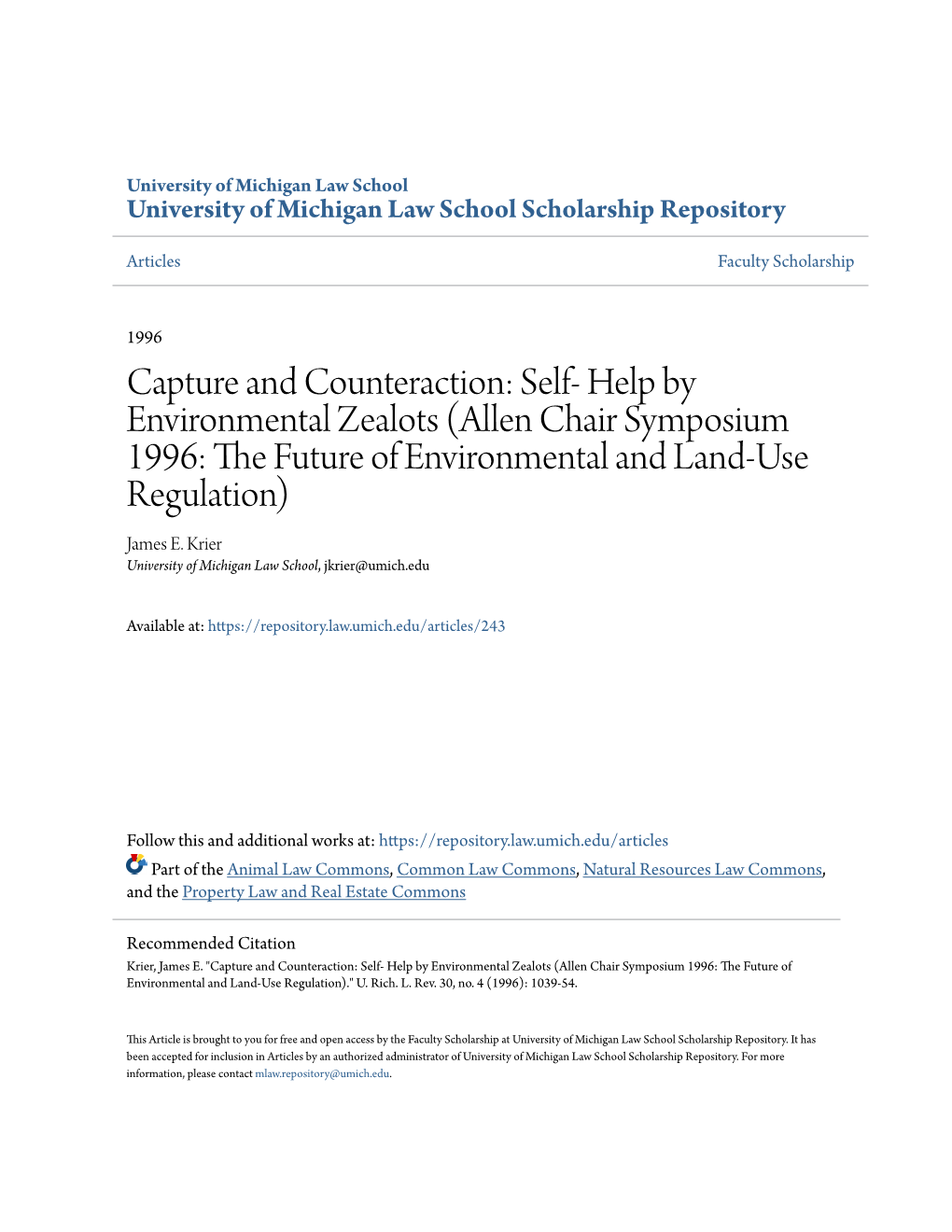 Help by Environmental Zealots (Allen Chair Symposium 1996: the Future