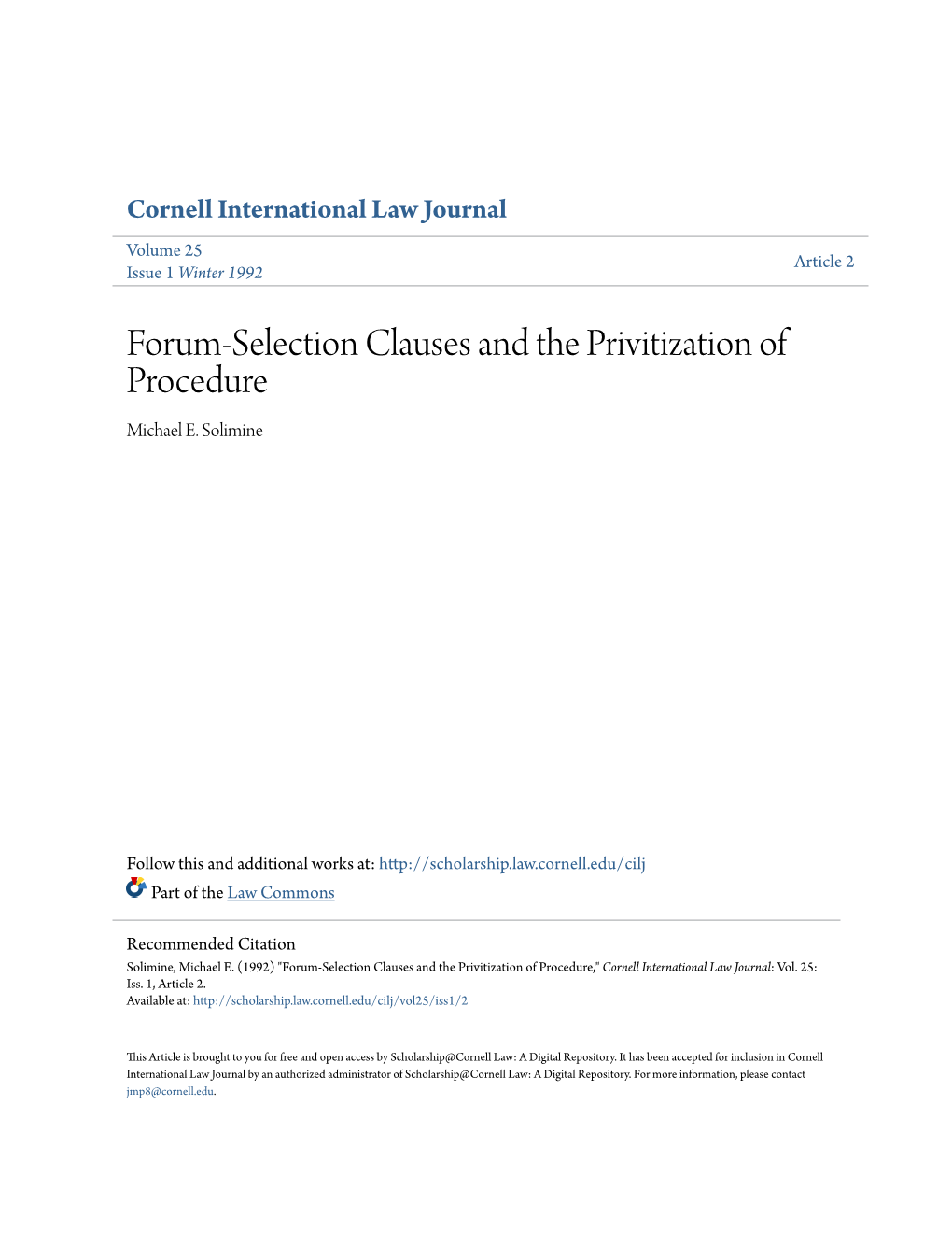 Forum-Selection Clauses and the Privitization of Procedure Michael E