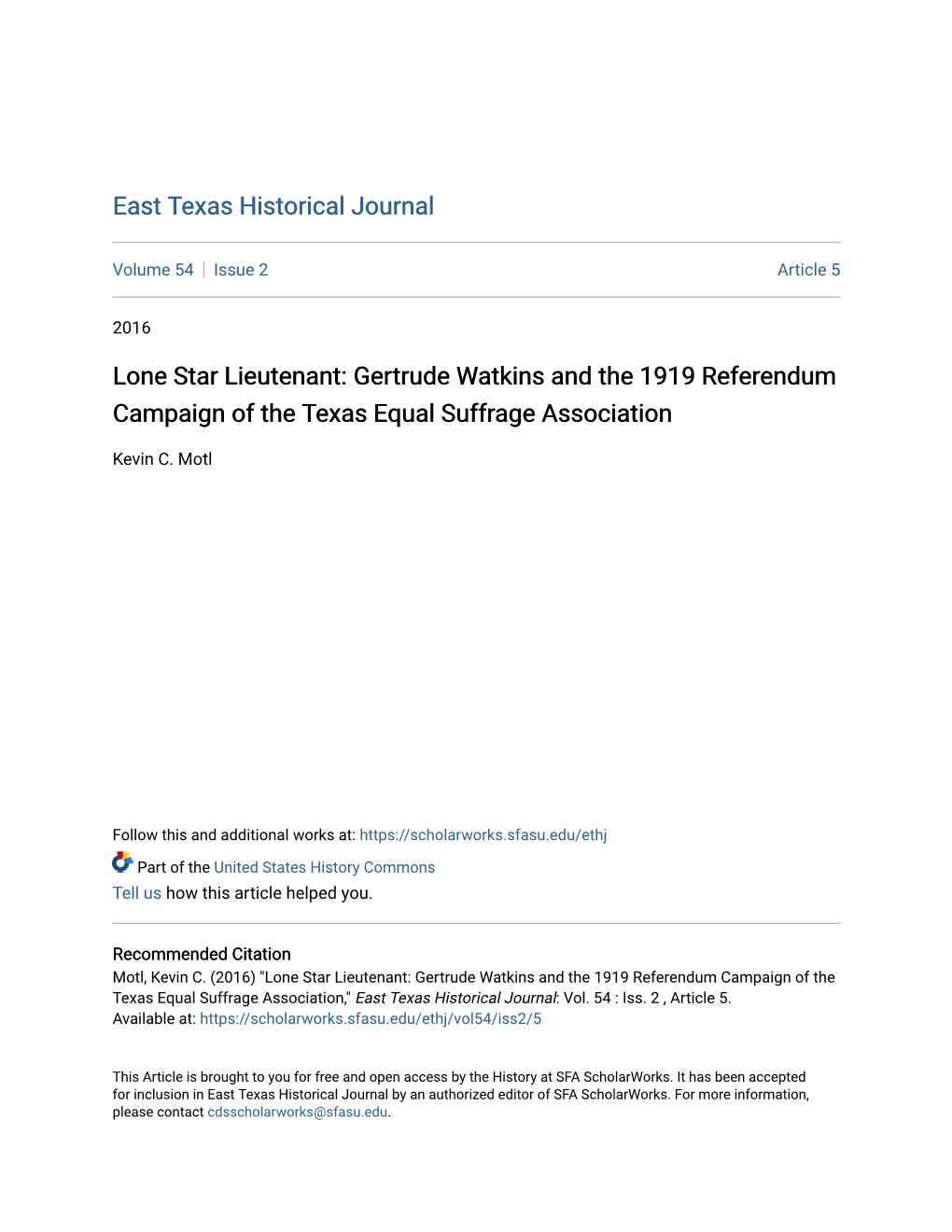 Gertrude Watkins and the 1919 Referendum Campaign of the Texas Equal Suffrage Association