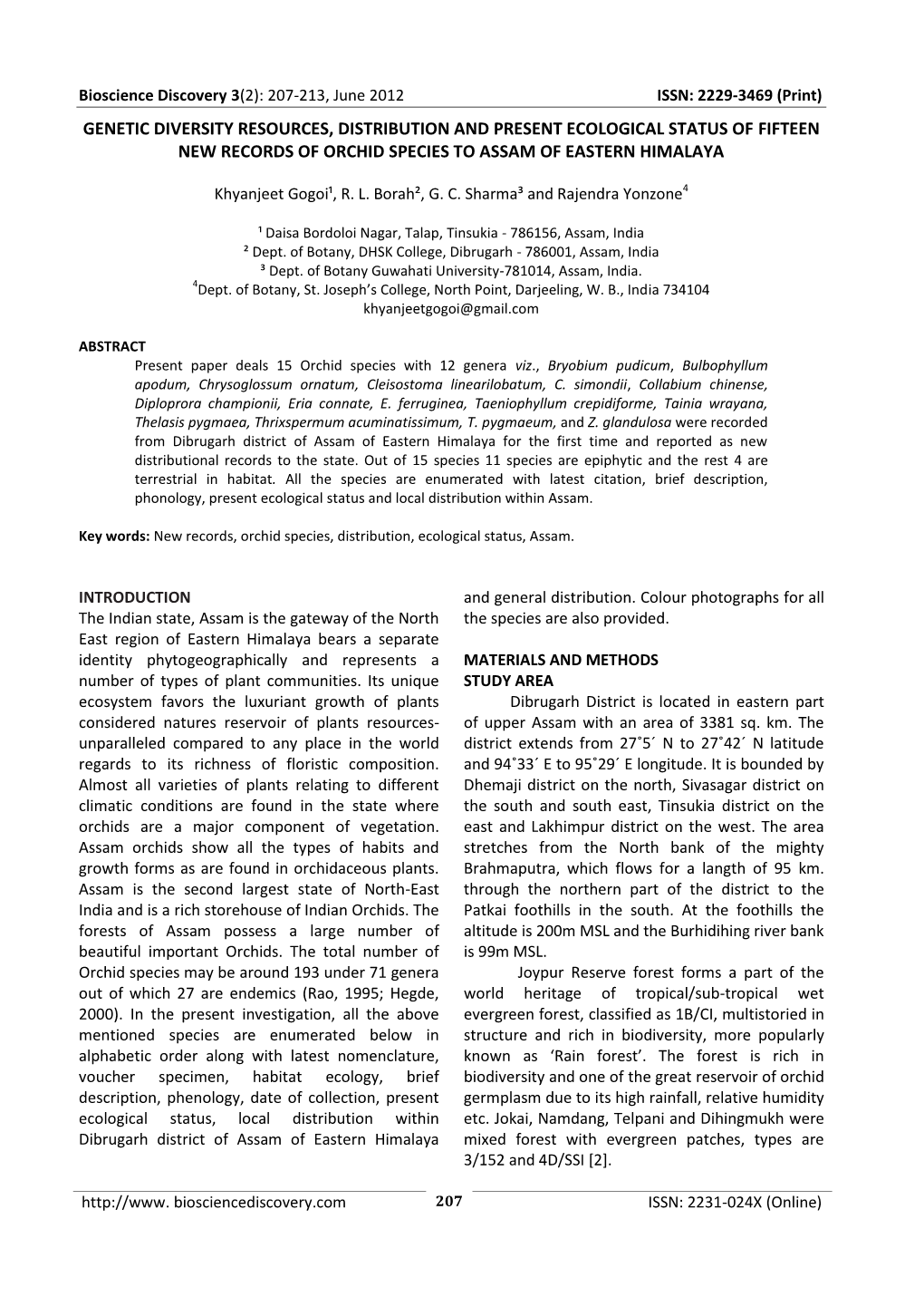 Genetic Diversity Resources, Distribution and Present Ecological Status of Fifteen New Records of Orchid Species to Assam of Eastern Himalaya