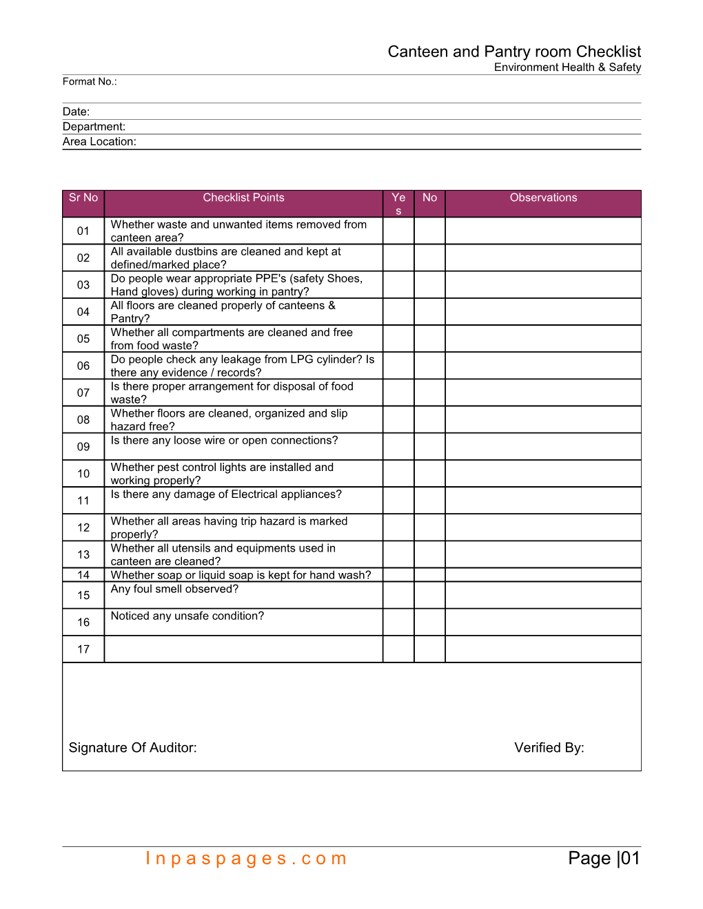 Canteen and Pantry Room Checklist