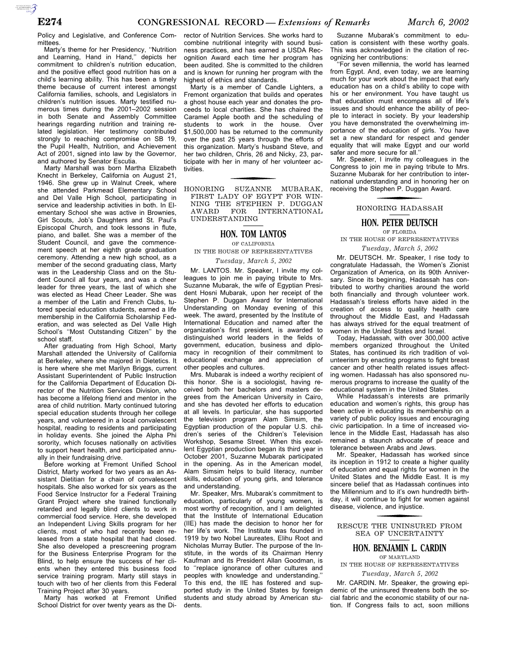 CONGRESSIONAL RECORD— Extensions of Remarks E274 HON. TOM LANTOS HON. PETER DEUTSCH HON. BENJAMIN L. CARDIN