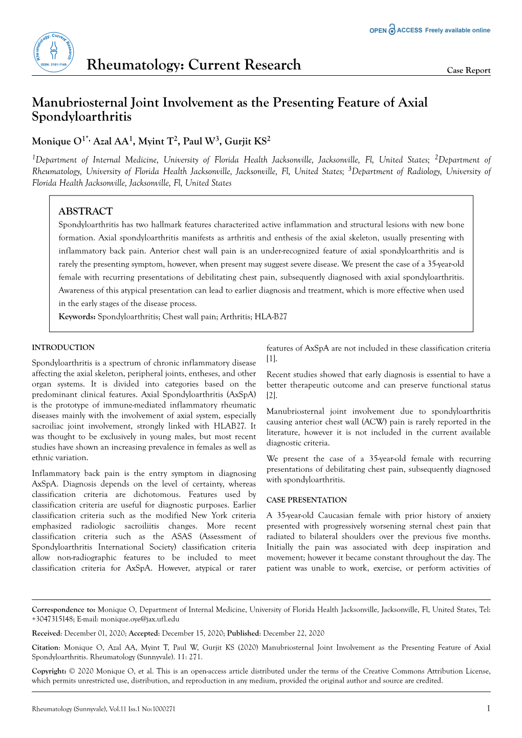 Manubriosternal Joint Involvement As the Presenting Feature of Axial Spondyloarthritis