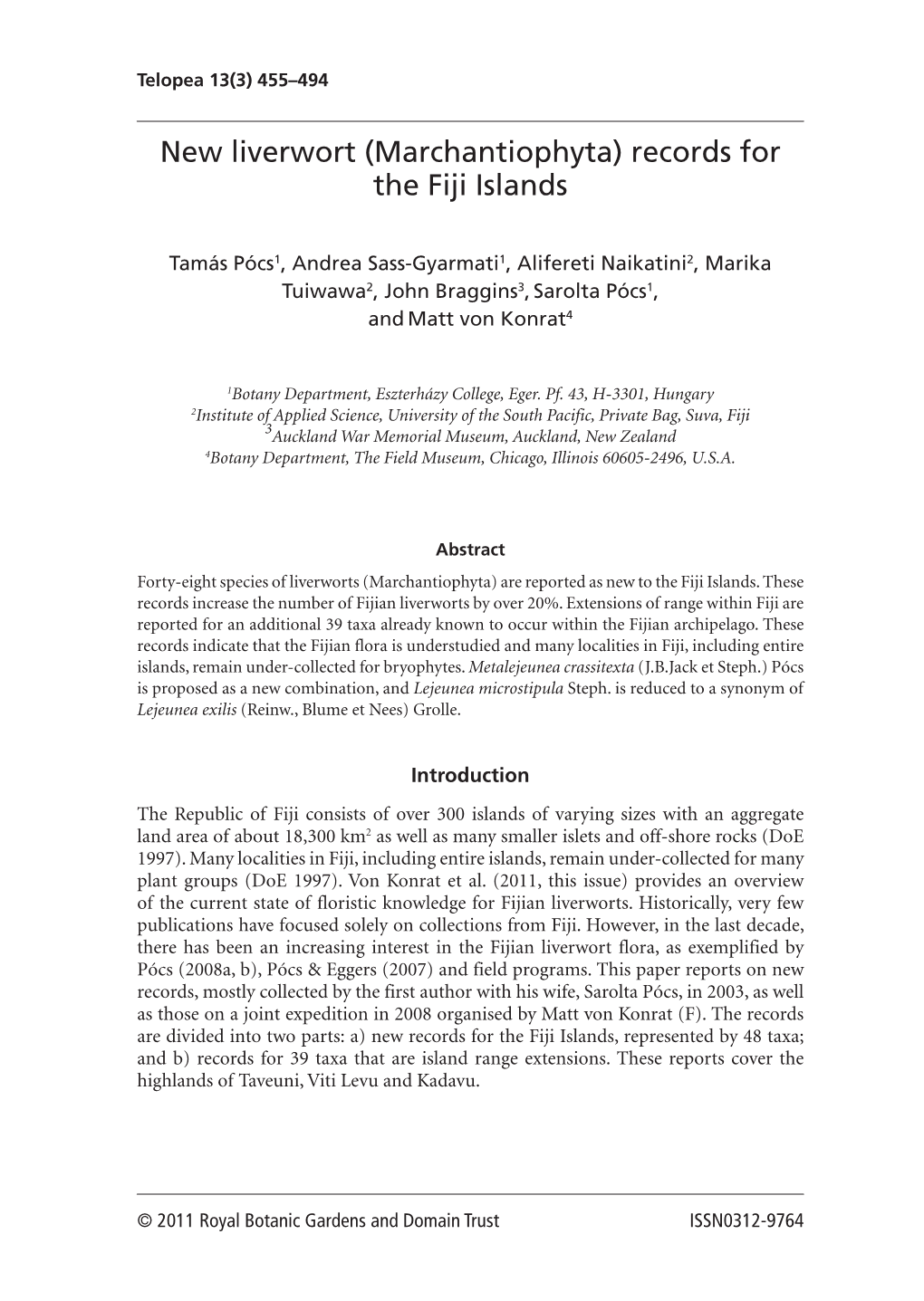 New Liverwort (Marchantiophyta) Records for the Fiji Islands