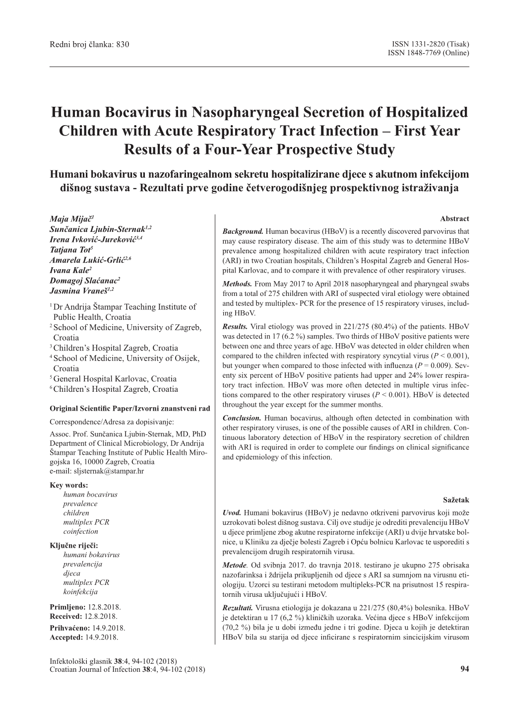 Human Bocavirus in Nasopharyngeal Secretion of Hospitalized Children