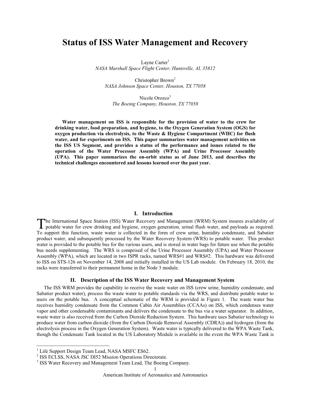 Status of ISS Water Management and Recovery