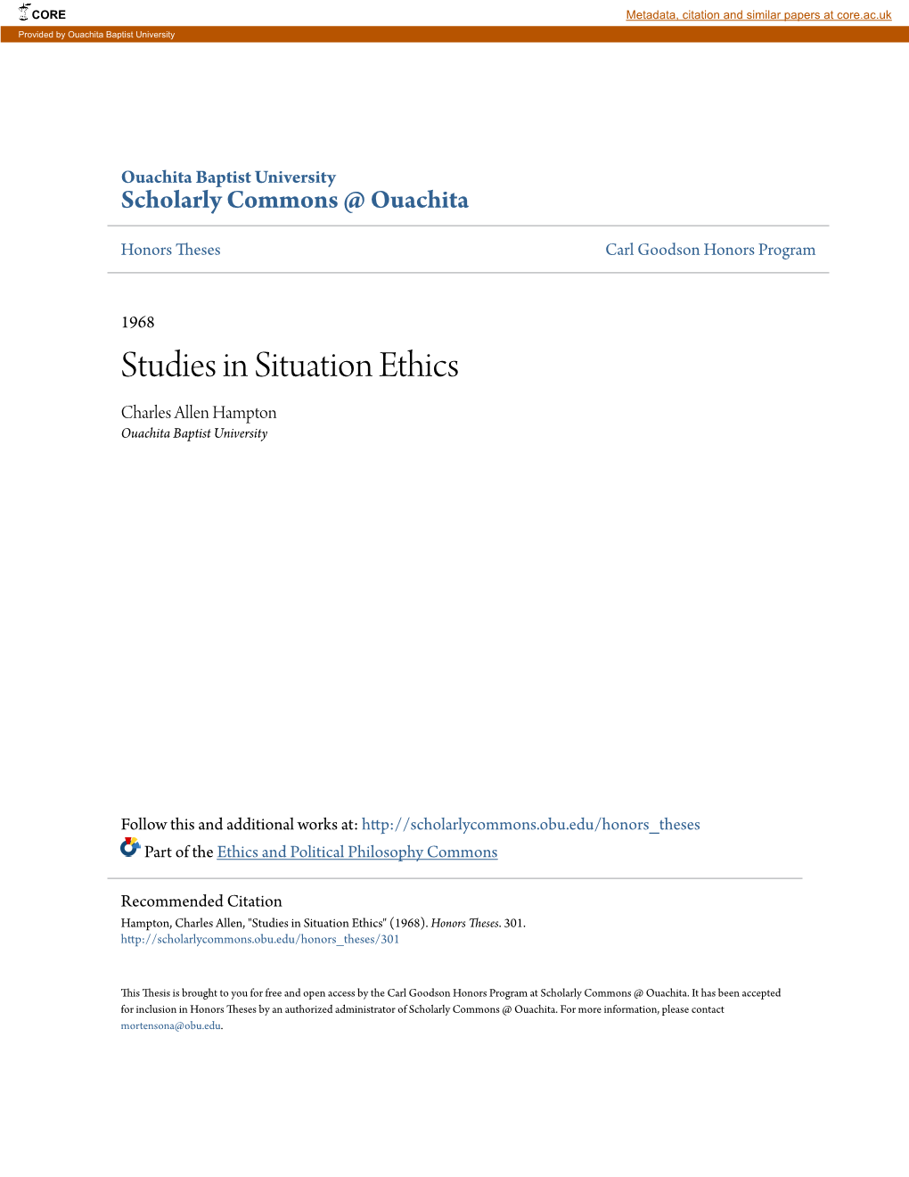 Studies in Situation Ethics Charles Allen Hampton Ouachita Baptist University