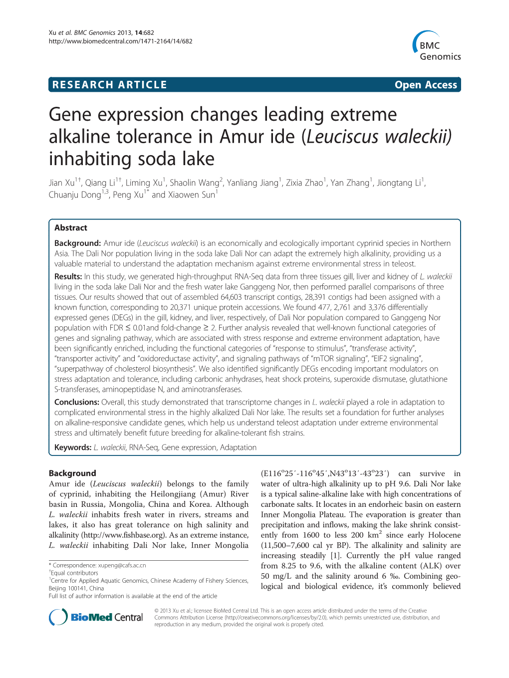 Gene Expression Changes Leading Extreme Alkaline Tolerance in Amur Ide (Leuciscus Waleckii) Inhabiting Soda Lake