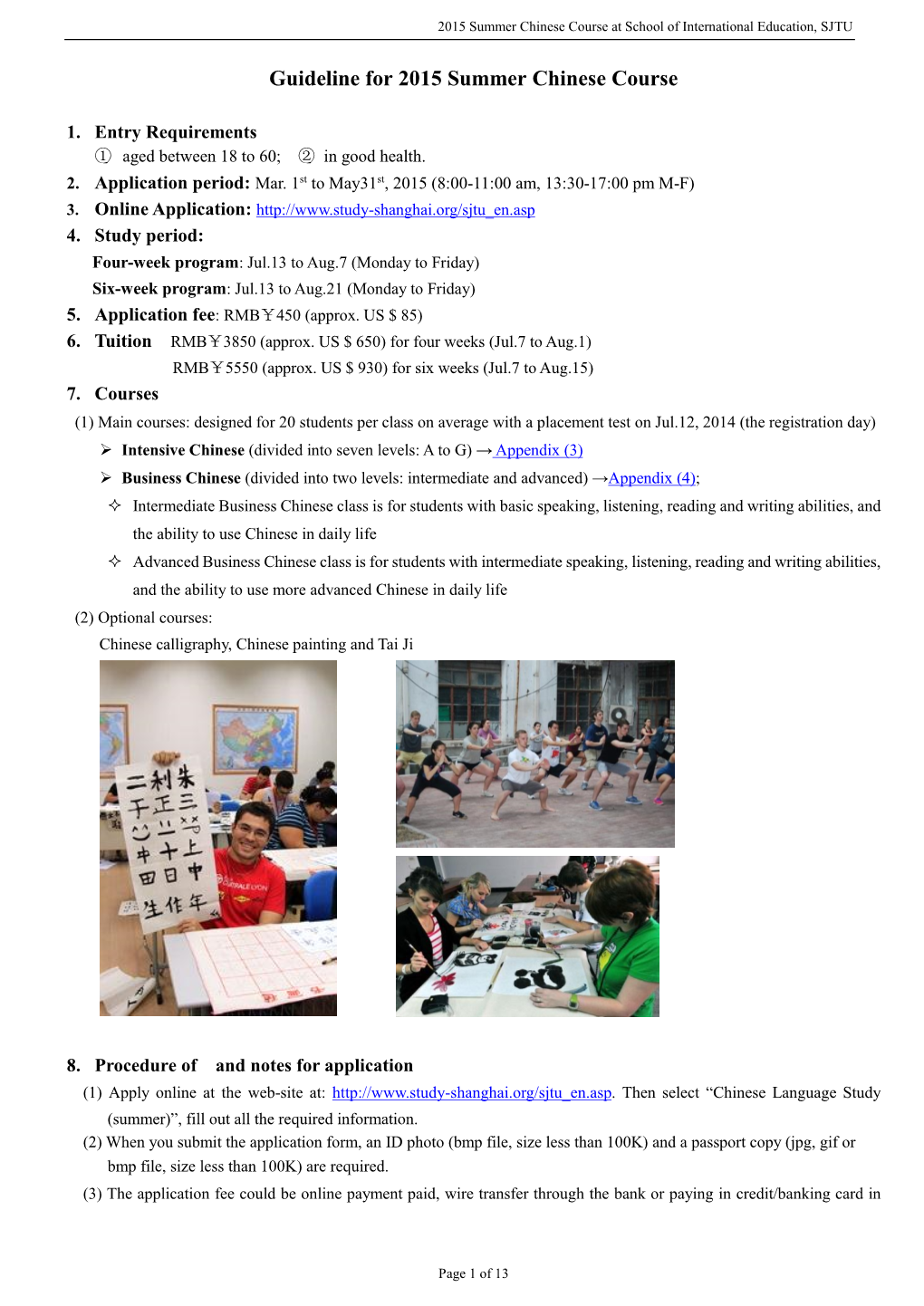 Guideline for 2015 Summer Chinese Course