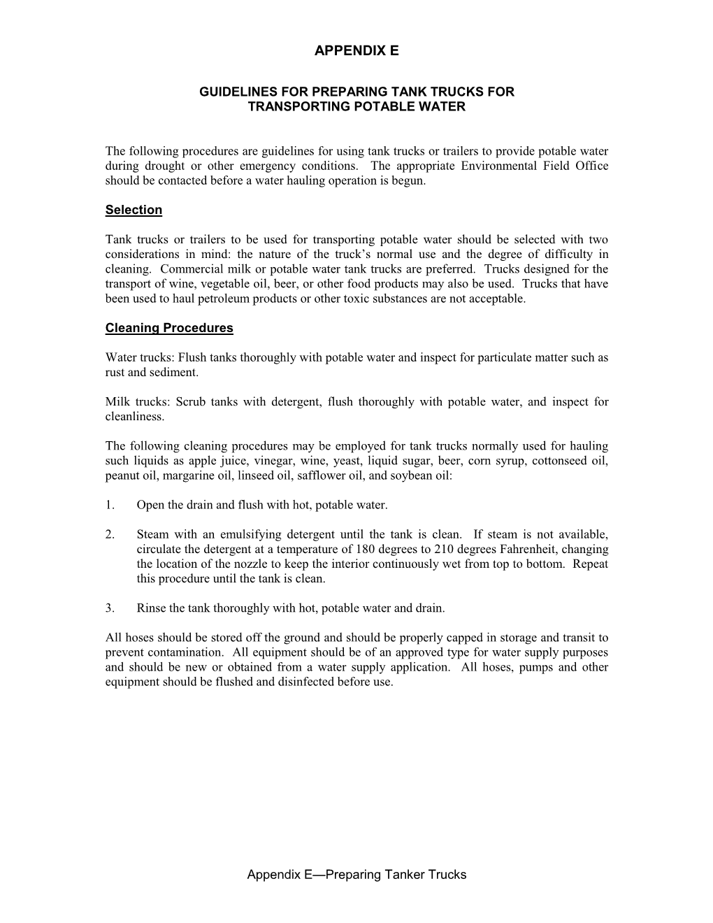 Guidelines for Preparing Tank Trucks for Transporting Potable Water