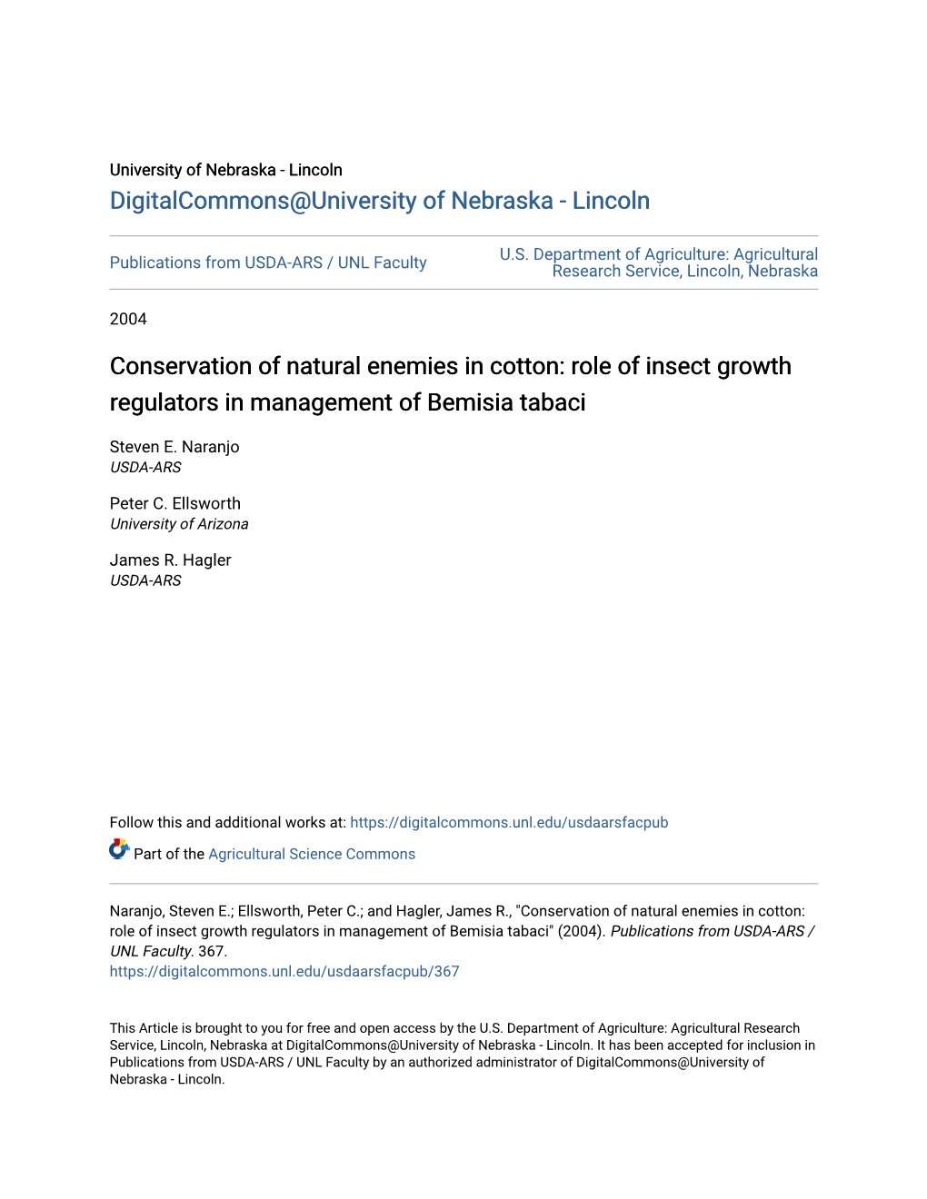 Conservation of Natural Enemies in Cotton: Role of Insect Growth Regulators in Management of Bemisia Tabaci