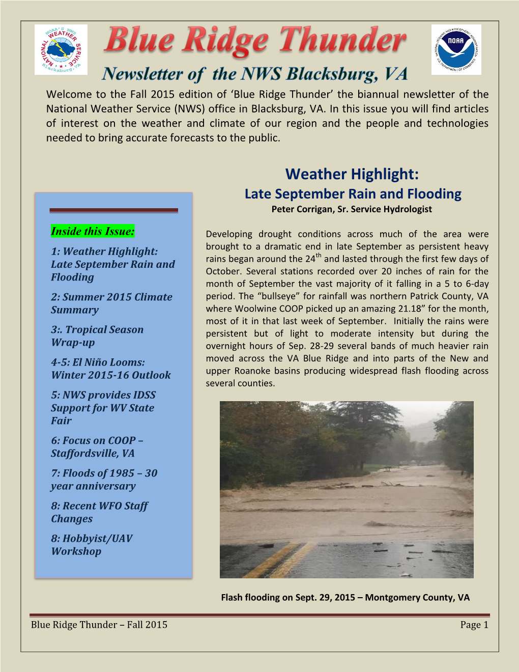 2015 Edition of ‘Blue Ridge Thunder’ the Biannual Newsletter of the National Weather Service (NWS) Office in Blacksburg, VA