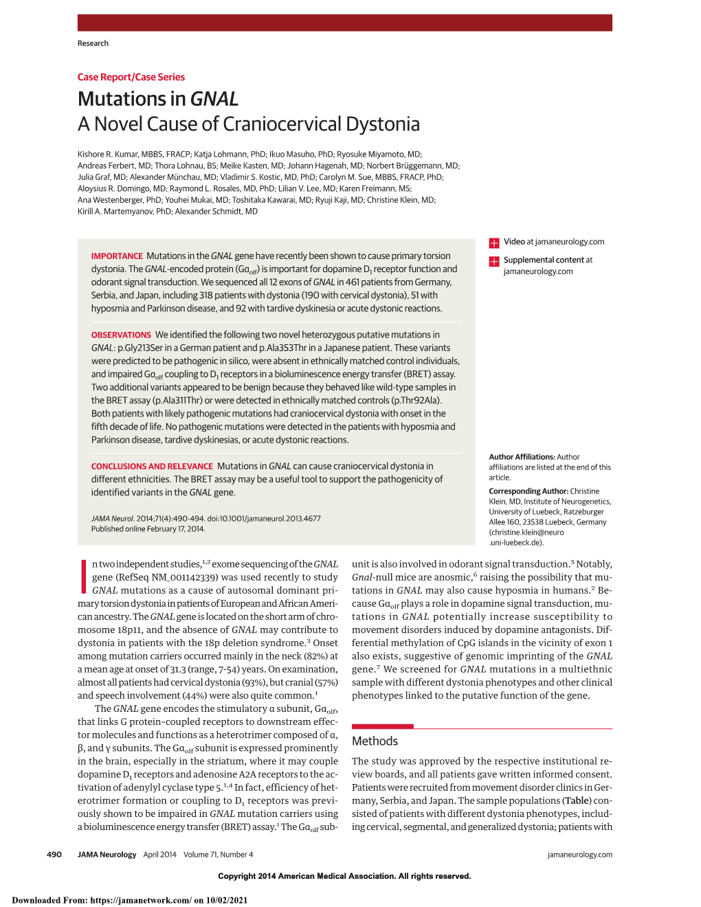 Mutations in GNAL: a Novel Cause of Craniocervical Dystonia