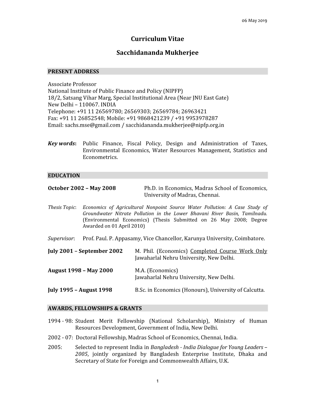 Curriculum Vitae Sacchidananda Mukherjee