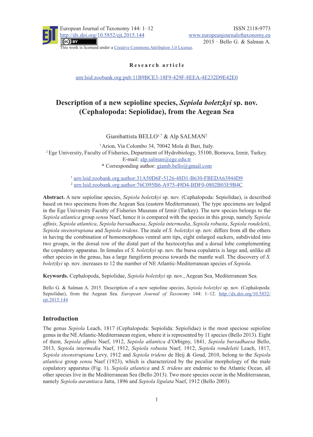 Description of a New Sepioline Species, Sepiola Boletzkyi Sp. Nov.(Cephalopoda: Sepiolidae), from the Aegean