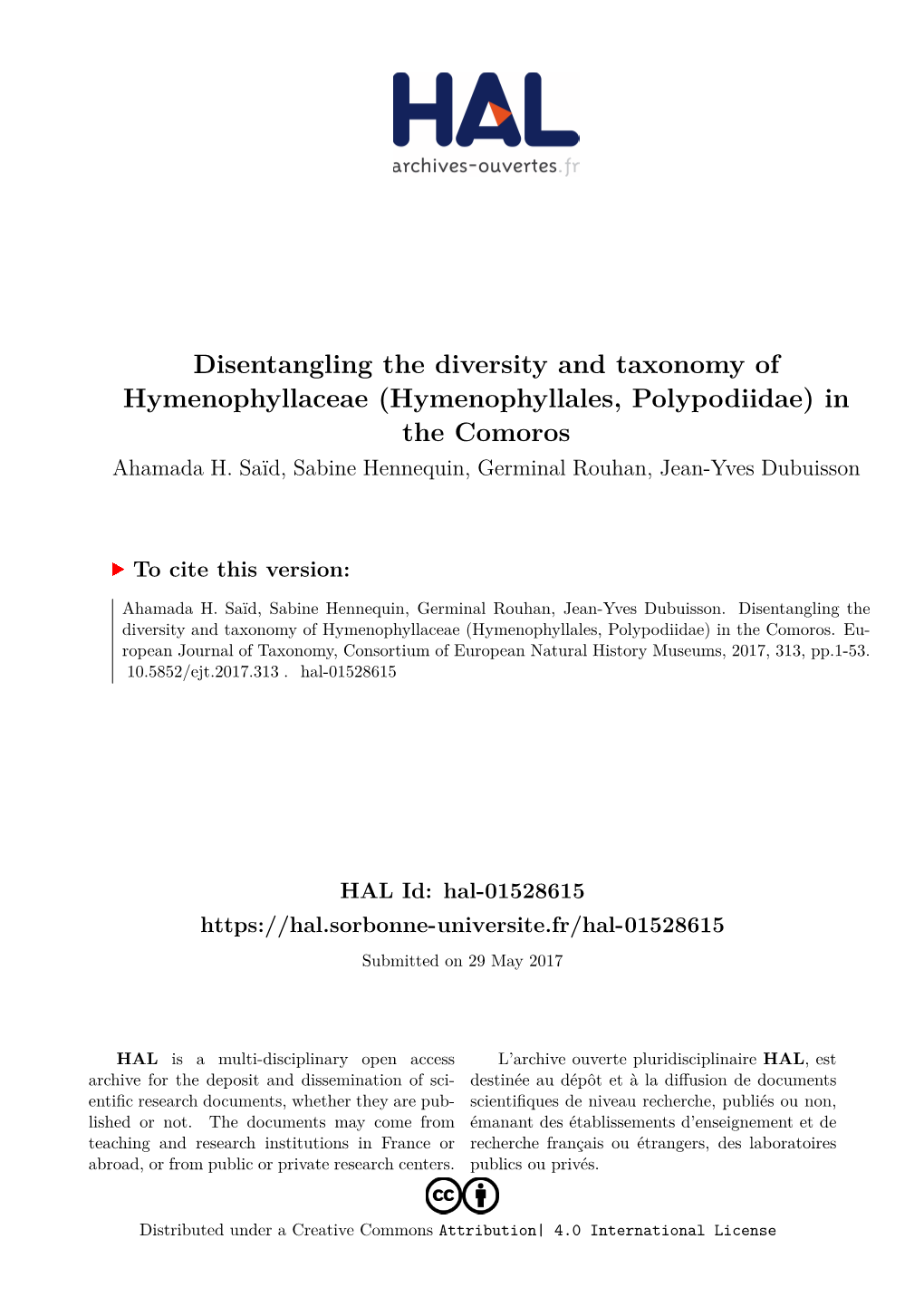 Disentangling the Diversity and Taxonomy of Hymenophyllaceae (Hymenophyllales, Polypodiidae) in the Comoros Ahamada H