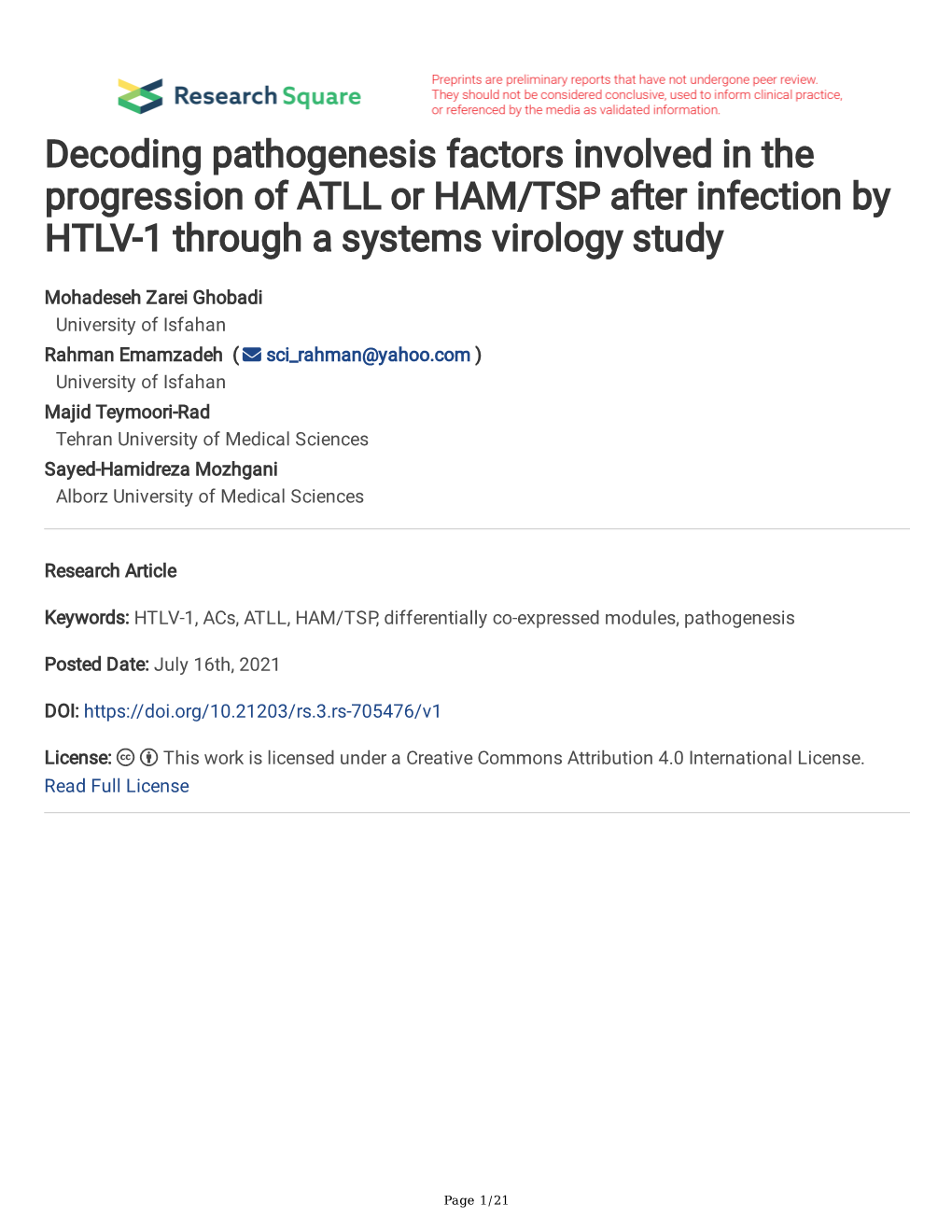 Decoding Pathogenesis Factors Involved in the Progression of ATLL Or HAM/TSP After Infection by HTLV-1 Through a Systems Virology Study